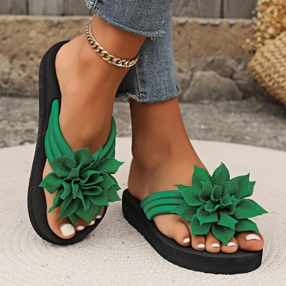 Women's 3D Floral Flip Flops Boho Open Toe Slip On Flat Sandals Elegant Appliques Beach Thongs Sandals Trendy Vacation Thong Slides Comfortable Backless Slippers Summer Walking Shoes, 43