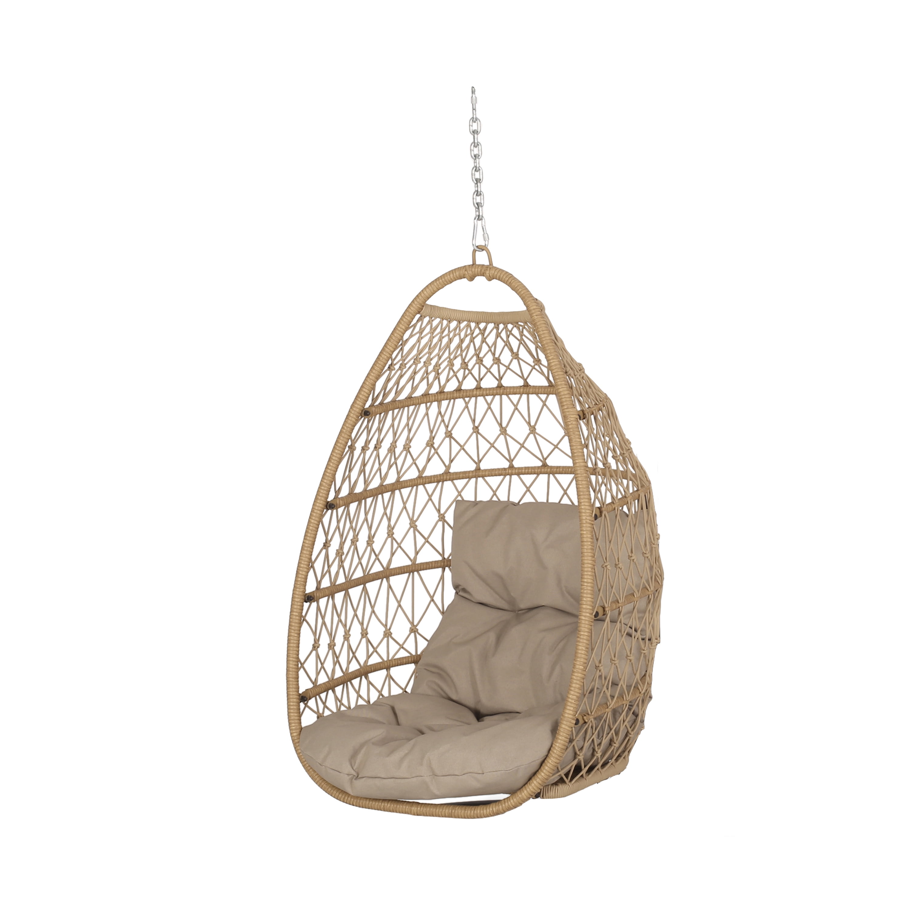 Outdoor Foldable Hanging Basket Chair, Wicker Weave Suspended Relaxing Seat for Patio Garden, Light Tan