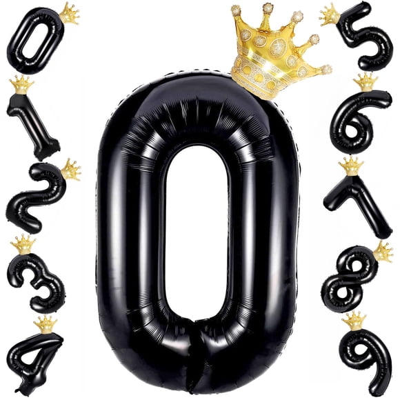 Globos de aluminio con forma de hormiga, 40 cm, número 0, negros, con corona dorada