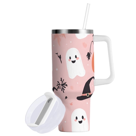 Yayeee 40oz Stainless Steel Tumbler with Straw and Handle Double-Wall Insulated Travel Water Bottle, Pink Halloween Ghosts