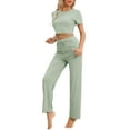 thumbnail image 4 of INSPIRE CHIC Women's Pajama Ribbed Knit 2 Piece Short Sleeve Crop Top with Pants Casual Outfits Lounge Sets S Green, 4 of 5
