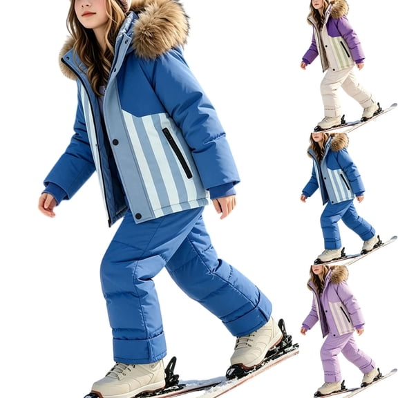 BXJX Girls Snowsuit 2 Piece Sets, Water Resistant Hooded Thermal Winter Sports Snow Jackets and Bib Pants Sets Blue Size 8 T