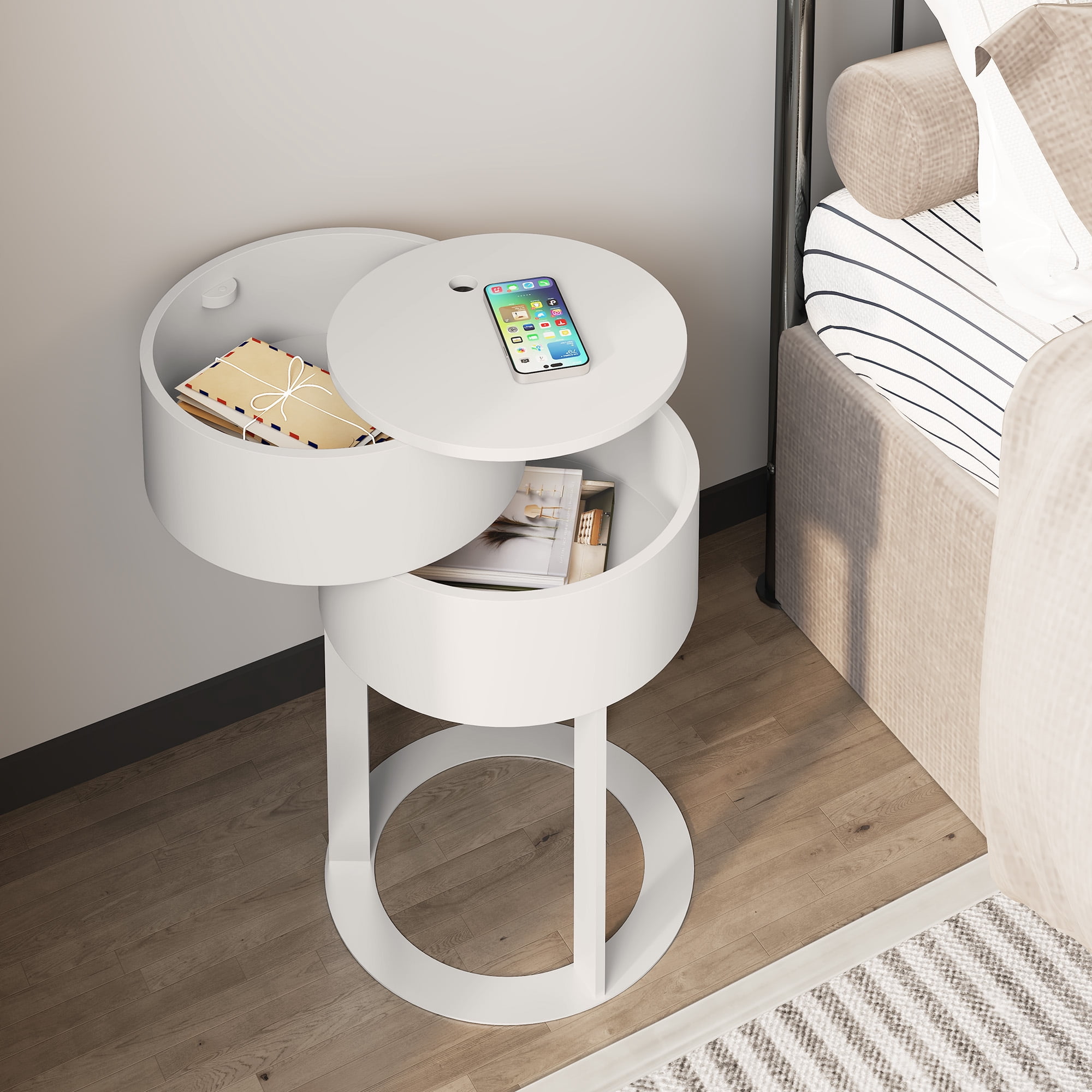 HLR Modern Round Nightstand Set of 2 with Drawer, 2-Tier End Table for Living Room, Bedroom, White