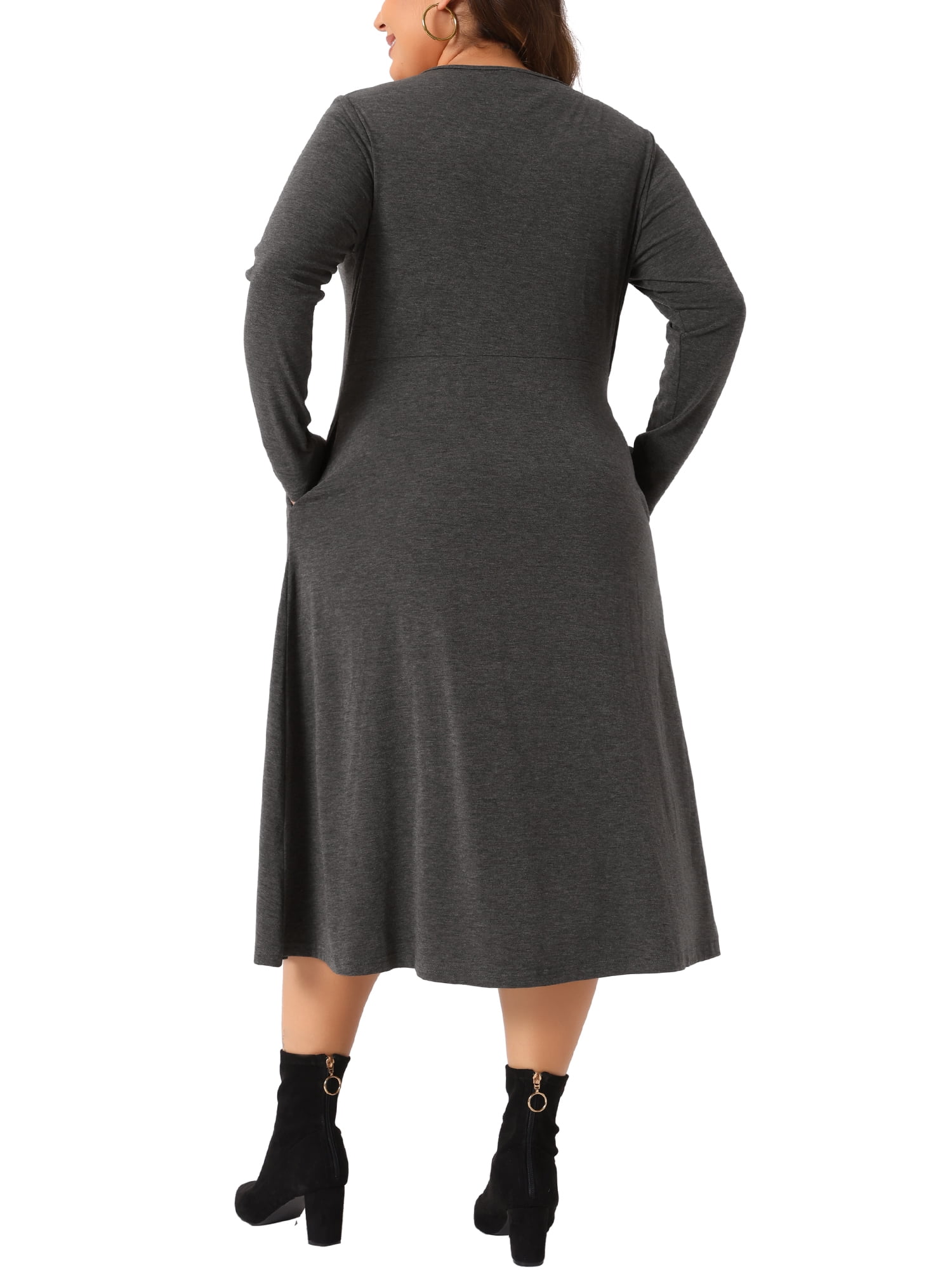 DARING DIVA Plus Size T-Shirt Crew Neck Button Long Sleeve Dress 1X Dark Gray