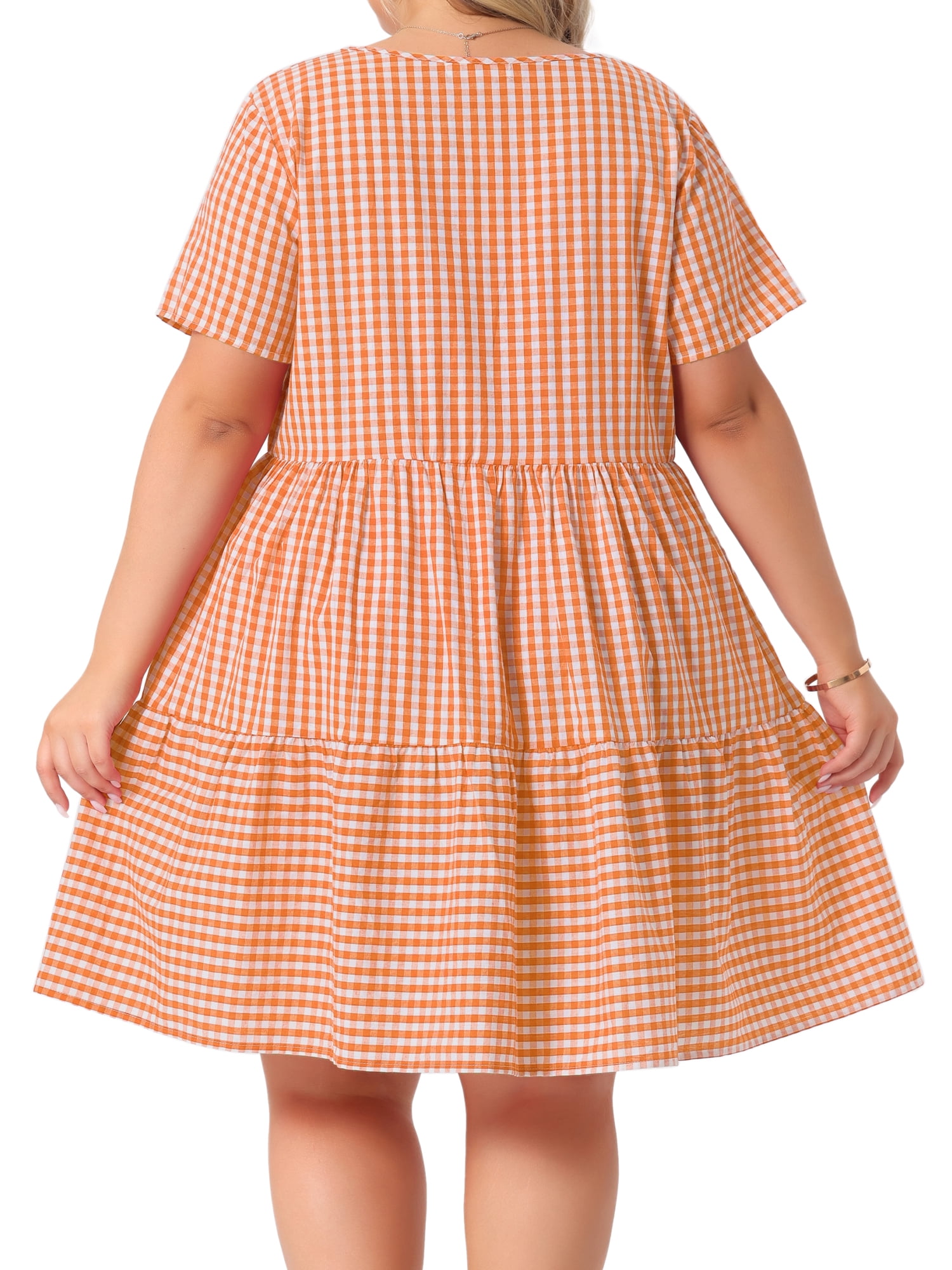 DARING DIVA Women's Plus Size Plaid Round Neck Short Sleeve Midi Dress 3X Orange
