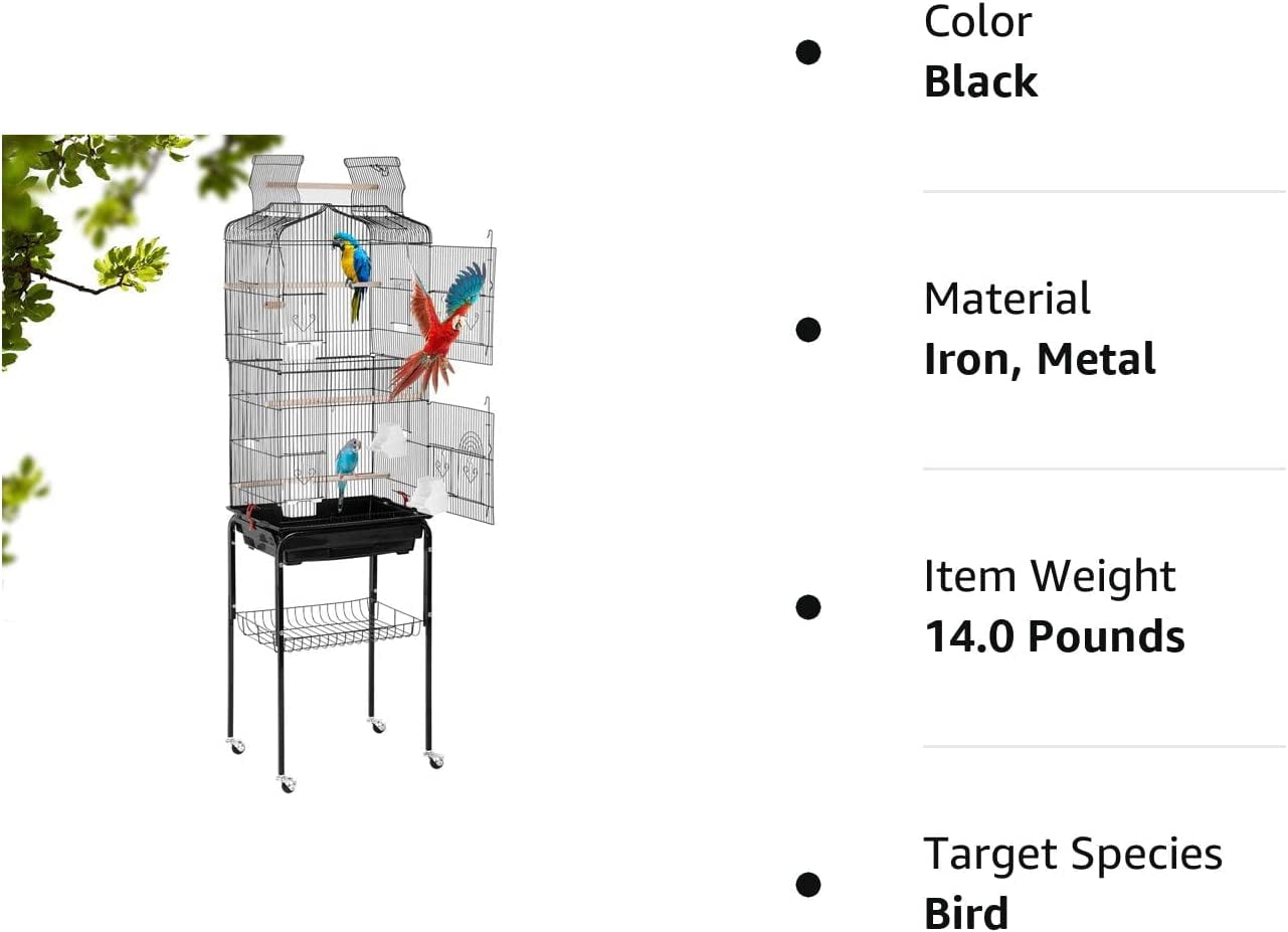NiamVelo 64-inch Metal Bird Cage with Rolling Stand & Bottom Tray, Pet Storage Shelf Parrot Cage with Open Play Top for Lovebirds & Parakeets, Black