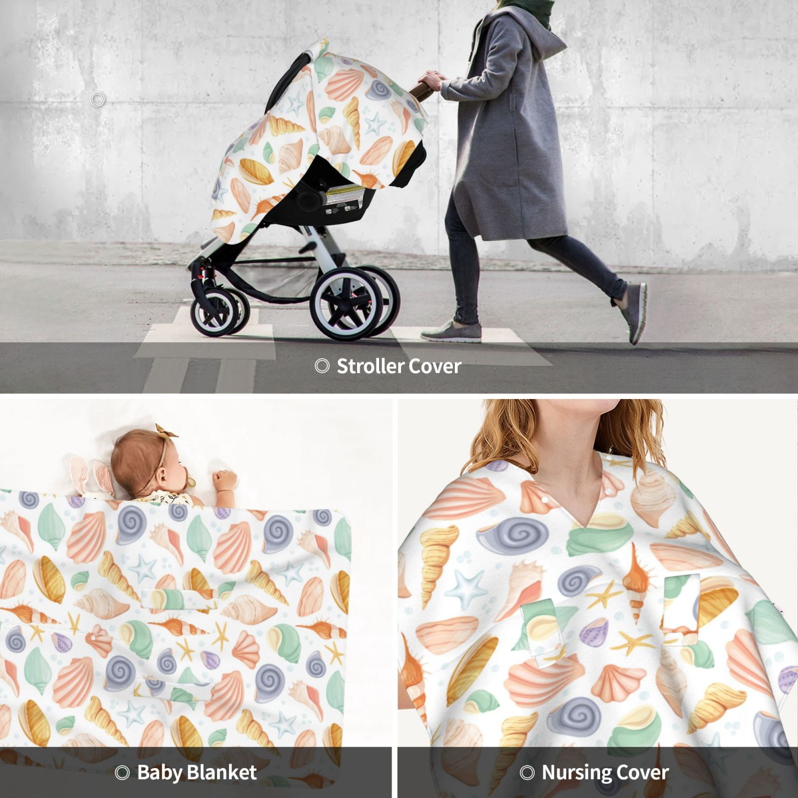 Car Seat Cover Baby - Conch Shells Print No.9054 Breathable Infant Car Seat Cover for Baby Carseat, Lightweight Comfort Baby Essentials Must Haves Newborn Stuff for Girl Boy
