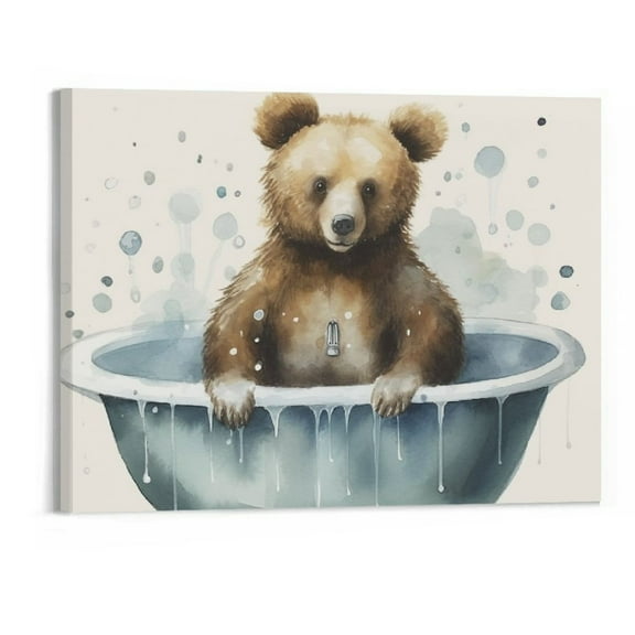 PRATYUS Canvas Wall Art Picture 20x16in for Living Room Bedroom Home Decor Fall Decor Bear in the Bathtub 20x16in