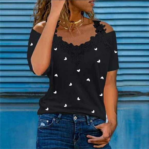 Summer Womens Cold Shoulder Lace Crochet Tops Trendy Print Hollow Short Sleeve Halter T-Shirts Loose Fit Tunic Blouses