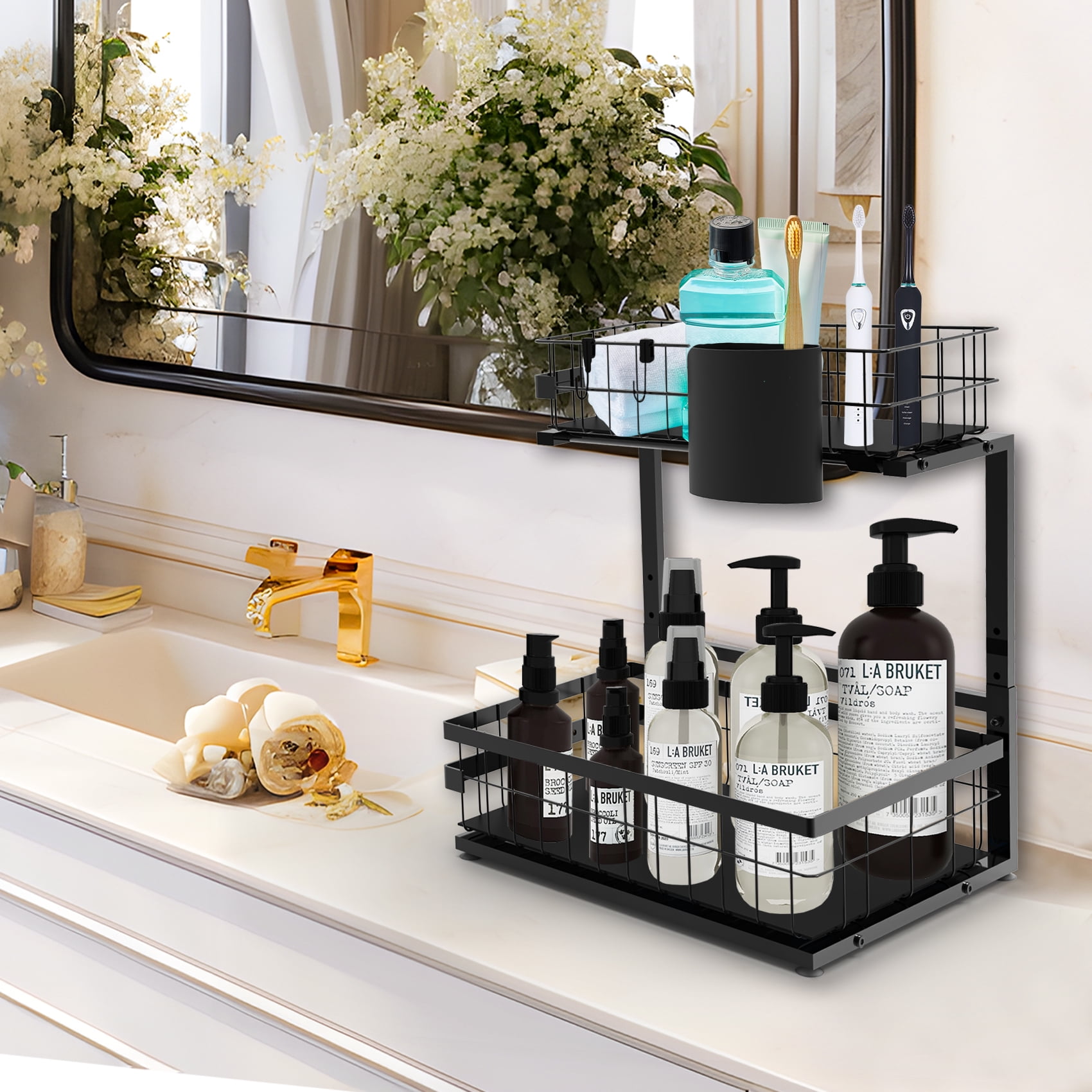 2-Tier Pull Out Under Sink Organizer with Sliding Baskets – Adjustable Height, Space-Saving Metal Shelf