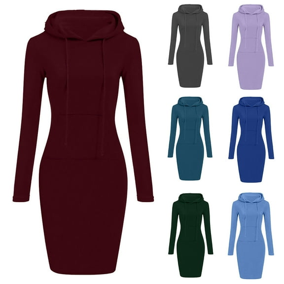 Utoimkio Women's Casual Long Sleeve Hooded Midi Dress Fall Winter Casual Drawstring Slim Fit Sweatshirt Dresses for Women
