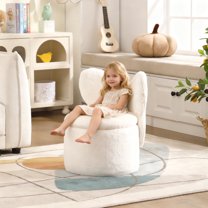 Guyou Cute Kids Storage Stool, Upholstered Kids Reading Chair with Butterfly Shaped Back, Faux Fur Toddler Chair with Storage for Playroom Kindergarten Bedroom, White