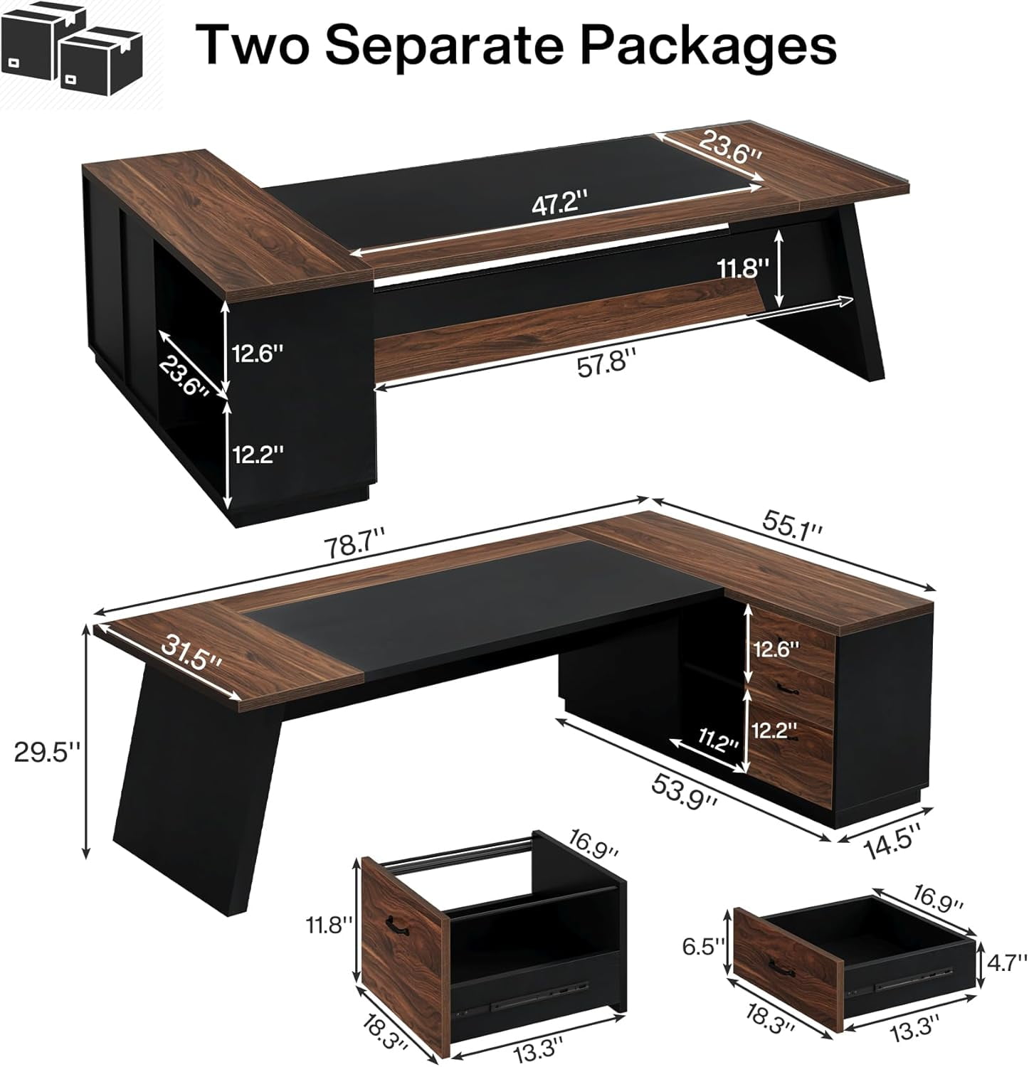 Tribesigns L-Shaped Executive Desk, 78" Modern Office Desk with Drawers and Lateral File Cabinet, Workstation for Home Office (Walnut + Black)