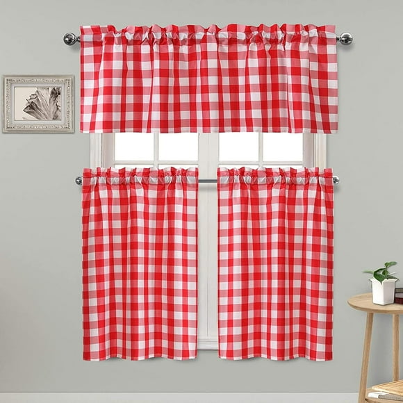 3 Piece Semi Sheer Kitchen Curtains - Light Filtering Buffalo Plaid Tier and Valance Window Curtains Set, Red and White, 52 W x 18 L (1 Panel) + 26 W x 36 L (2 Panels)