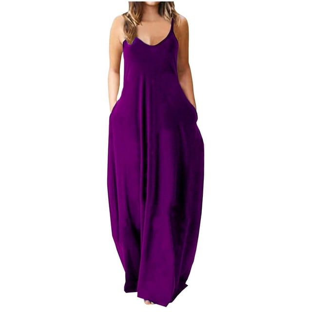 Robe Maxi d'Été pour Femmes Robe Longue Décontractée Bohème Sans Manches à Bretelles Smockée à Volants Longue Plage Soleil Robes