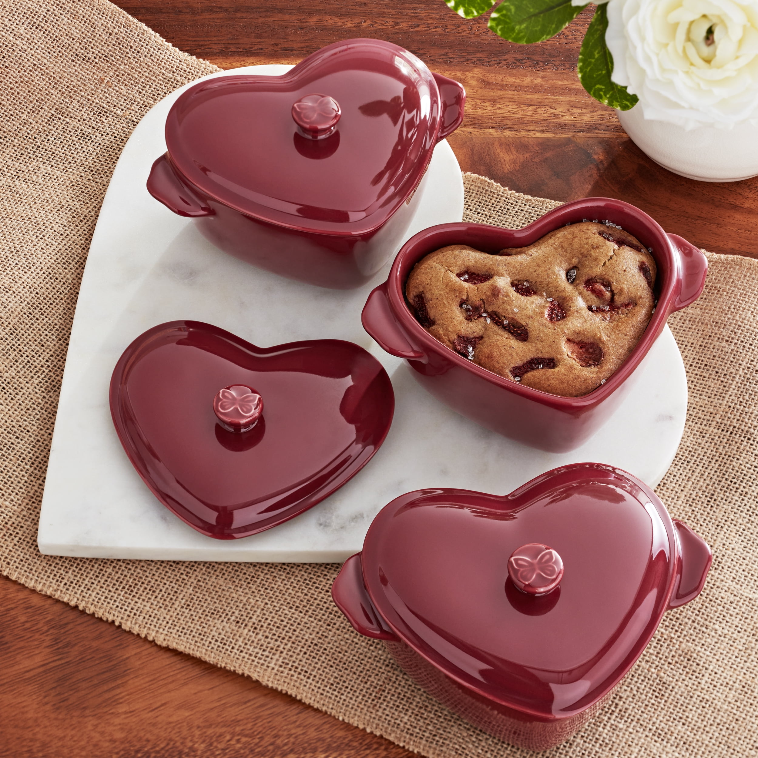 The Pioneer Woman Mini Heart-Shaped Ceramic Baking Dishes with Lids, Merlot, Set of 3, 6.45 in