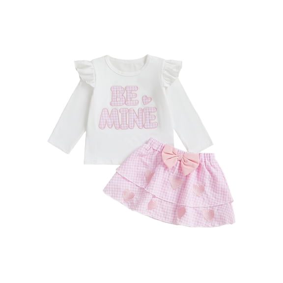 BemeyourBBs Toddler Baby Girl Valentine Outfit Spring Clothes Long Sleeve Crew Neck Letters Heart Embroidery T-shirt Tops and Heart Ruffle Skirt Set