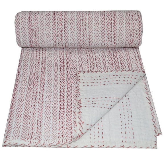 Indian Hand Block Print Kantha Quilt Queen Size – 100% Cotton Boho Vintage Gudari Bedspread