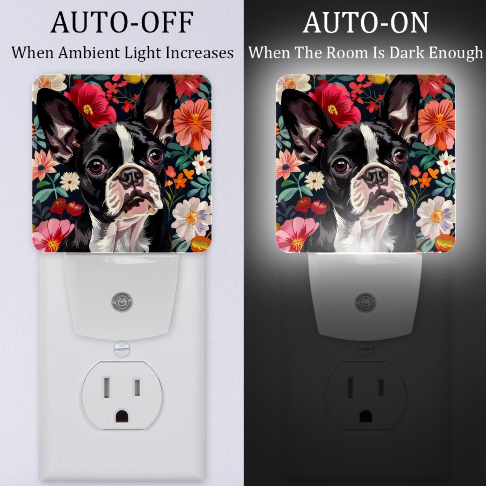 PhooArto Flower Boston Terriers Pattern Plug in LED Night Light Auto Sensor Dusk to Dawn Decorative Night for Bedroom, Bathroom, Kitchen, Hallway, Stairs, Baby's Room, Energy Saving