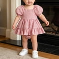 thumbnail image 4 of Fesfesfes Baby Toddler Girls Plaid Puff Sleeve Romper Dress with Bow Headband, Cute Summer Short Sleeve Onesie Bodysuit Outfit for Daily Wear Kids 0-18 Months Old., 4 of 8
