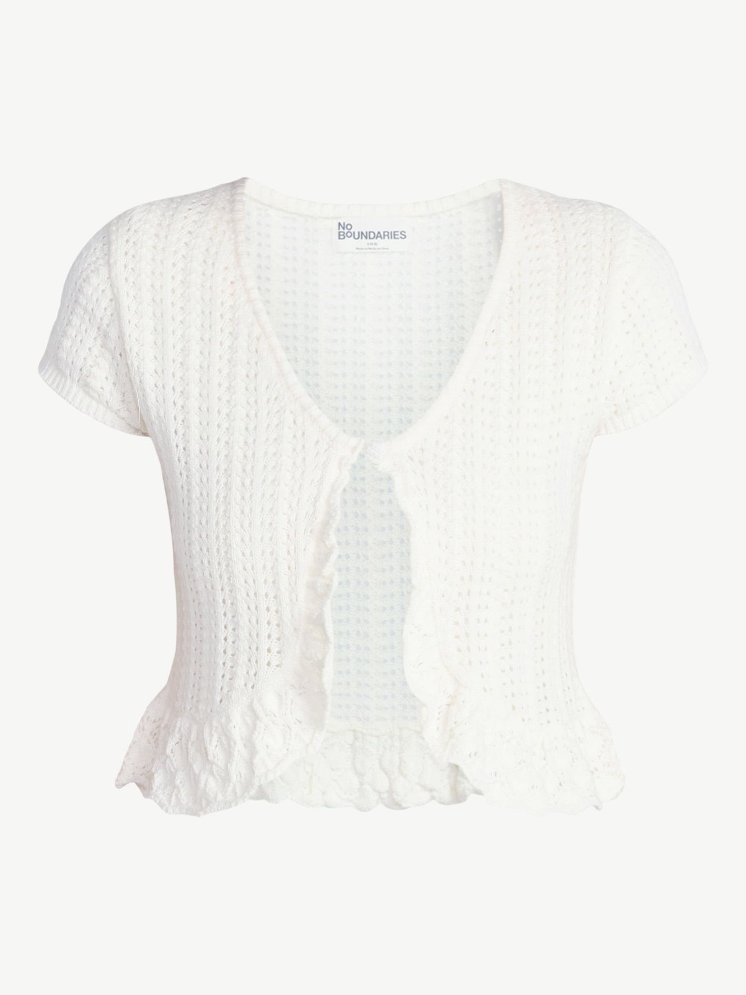 No Boundaries V-Neck Pointelle Cardigan with Short Sleeves, Women's XXS-XXL