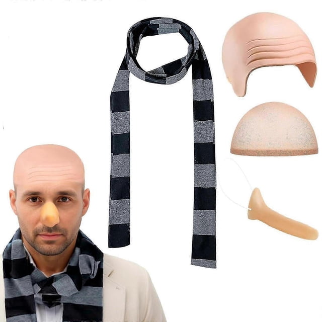 4 Pcs Adult Halloween Costume Accessories Set, Latex Bald Head with Wig, Striped Scarf, Fake Long Nose, Role Play Party Cartoon Cosplay