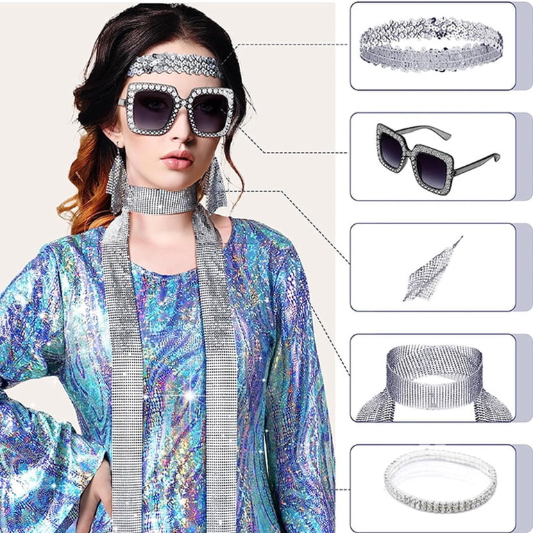70s Disco Accessories Set Women\'s Sequin Scarf Earrings Sunglasses Jewelry 5 Pieces 1970s Disco Costume Set - Bling Sunglasses & Earrings main image 3