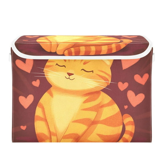 Cartoon Orange Cat Large Storage Bins with Linen Collapsible Lid Storage Box 16.7 x 12.6 x 11.8in