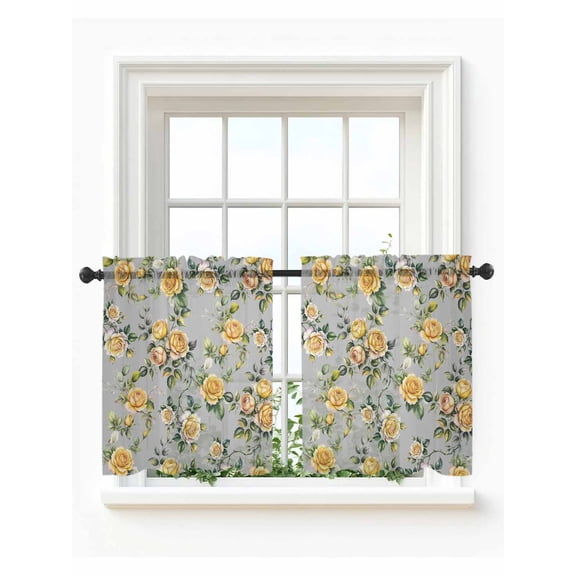 Yellow Rose Tier Curtains 24 Inch Length,Sheer Curtains for Bedroom Living Room Window Vintage Country Botanical Floral Vines Rod Pocket Drapes Kitchen Curtains Small Half Window 27.5"x24" 2 Panels