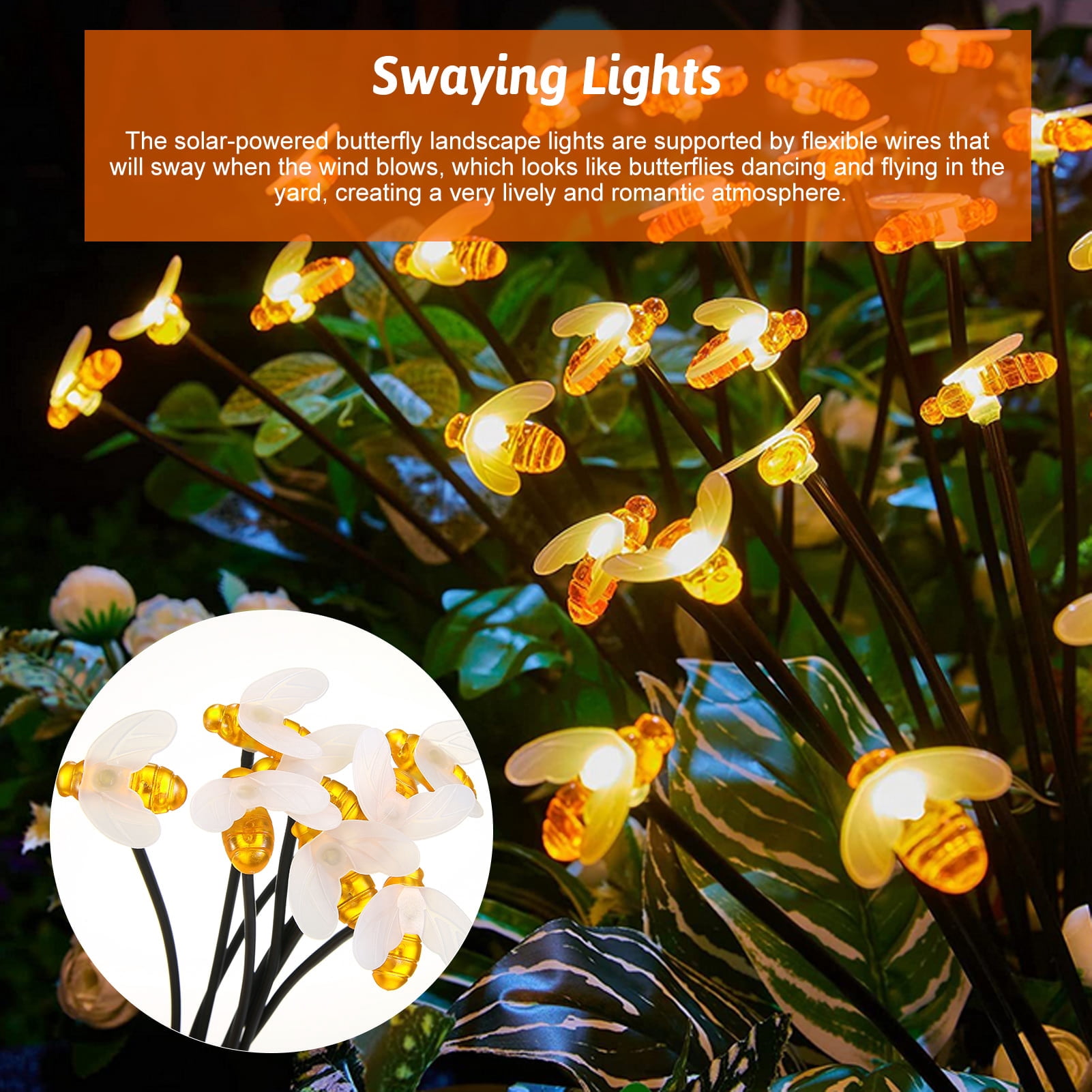 BOPORO Solar LED Bee Garden Stake Lights, 2Pack Outdoor Waterproof Swaying Honeybees Lights Landscape Lights for Pathway Yard Walkway Holiday Decoration