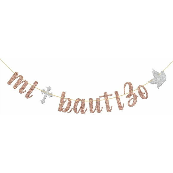 Mi Bautizo Banner, God Bless Baptism Decorations, Religious Christening Baby Shower Party Decorations, Rose Gold Glitter
