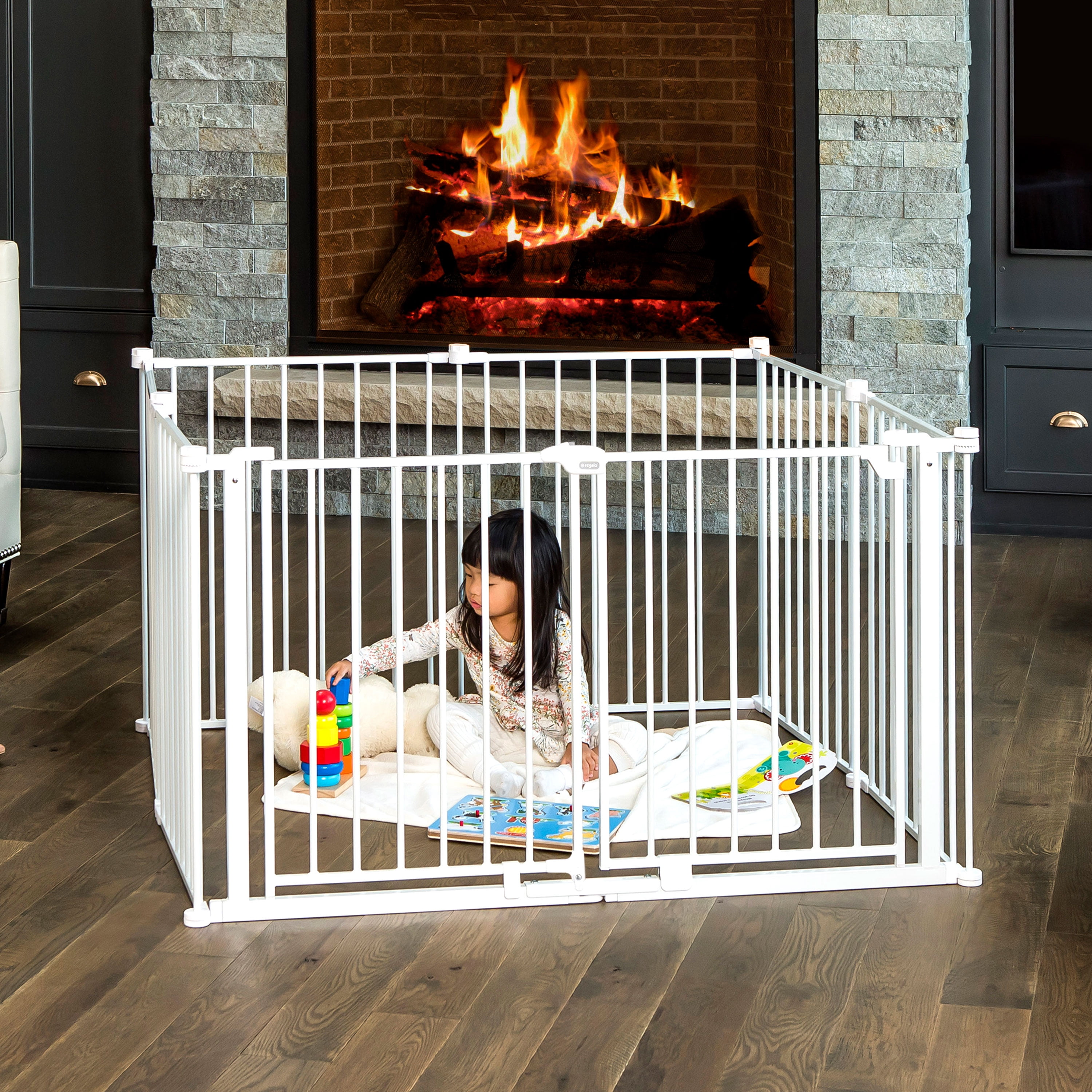 Regalo 192 Inch Double Super Wide Baby Gate and Play Yard, White, 4-in-1, Ages 6 to 24 Months