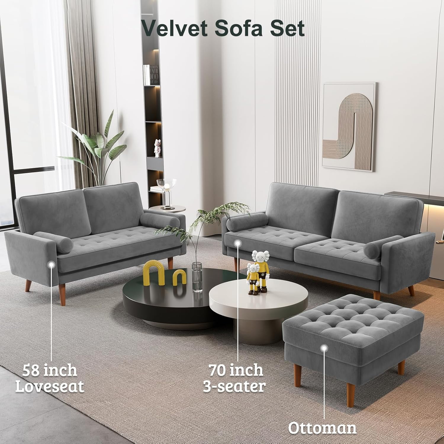 Neche 59" Velvet Spring Sofa Couch for Living Room, Office, Small Space, Solid Wood Leg, One Box, Gray