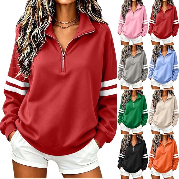 YOIAVAIOY Womens Oversized Varsity Sweatshirt Striped Sleeve Pullover Sweatshirts Quarter Zip Pullovers Fall Winter Fashion Casual Blouse L