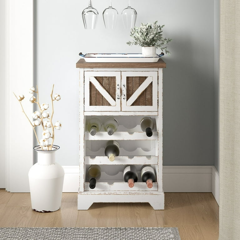 Penney Bar with Wine Storage Cabinet body and door frames have a distressed white finish Table top and door fronts have natural wood finish Walmart