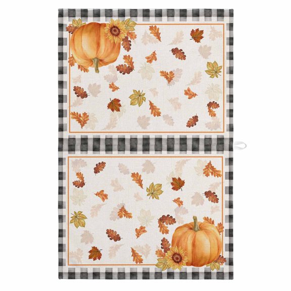 Fall 1 Pack Kitchen Towel, Water Absorbent Dish Towel, Orange Pumpkin Autumn Maple Leaf Sunflower Black Plaid Decorative Hand Towels - Quick Drying Cloth for Cooking Baking, 18x28 Inch