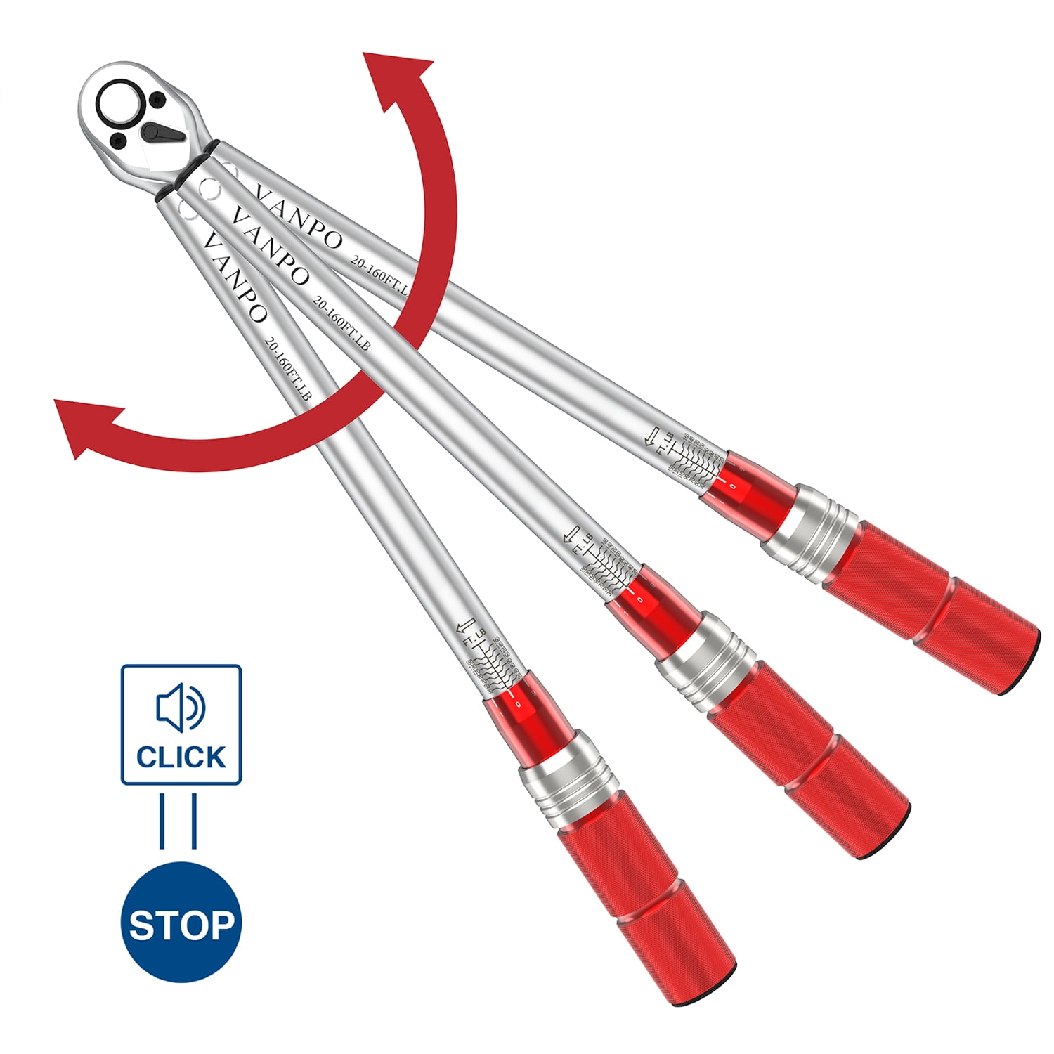 VANPO Click Torque Wrench 1/2 inch, 20-160Ft.lbs Socket Ratchet Set 2 Extensions 75 mm,125 mm, 5 sockets 17 mm,19 mm,21 mm,23 mm,24 mm