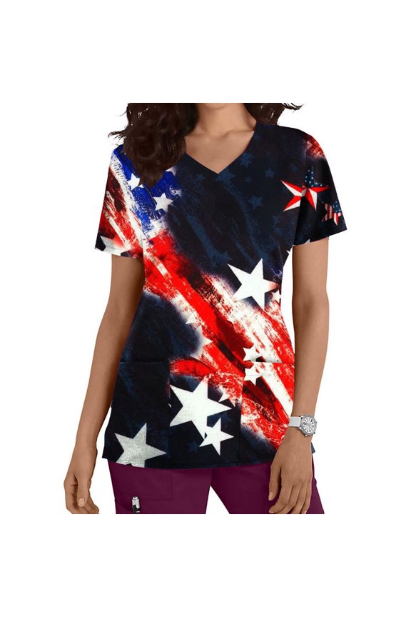 Women's Comfortable Tops Short Sleeve V-Neck Tees Working Uniform Independence Day Printing With Pocket Blouse