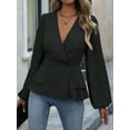 thumbnail image 3 of Women'S Elegant Solid Color Double Breasted Ruffle V-Neck Long Sleeved Shirt Black XXL, 3 of 8