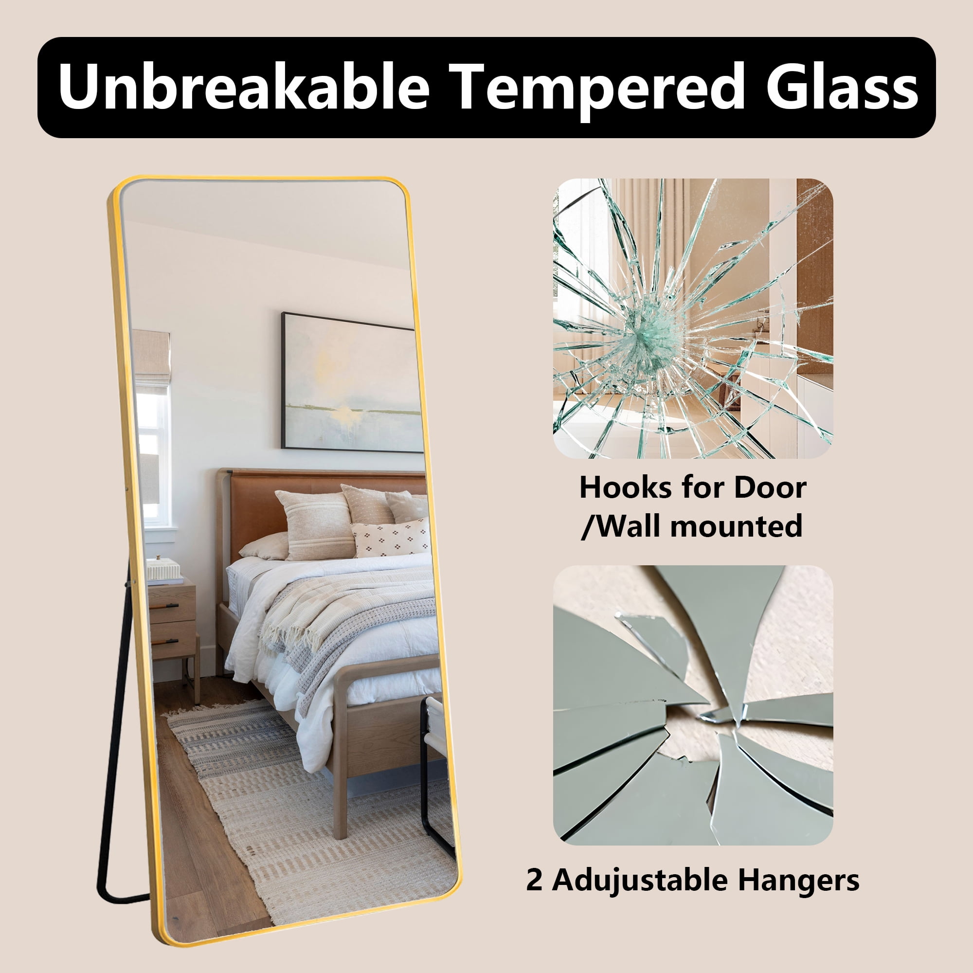 MAYEERTY Gold Rounded Corner Full Length Mirror, Wall Mount or Freestanding for Bedroom/Living Room, 71" × 32"