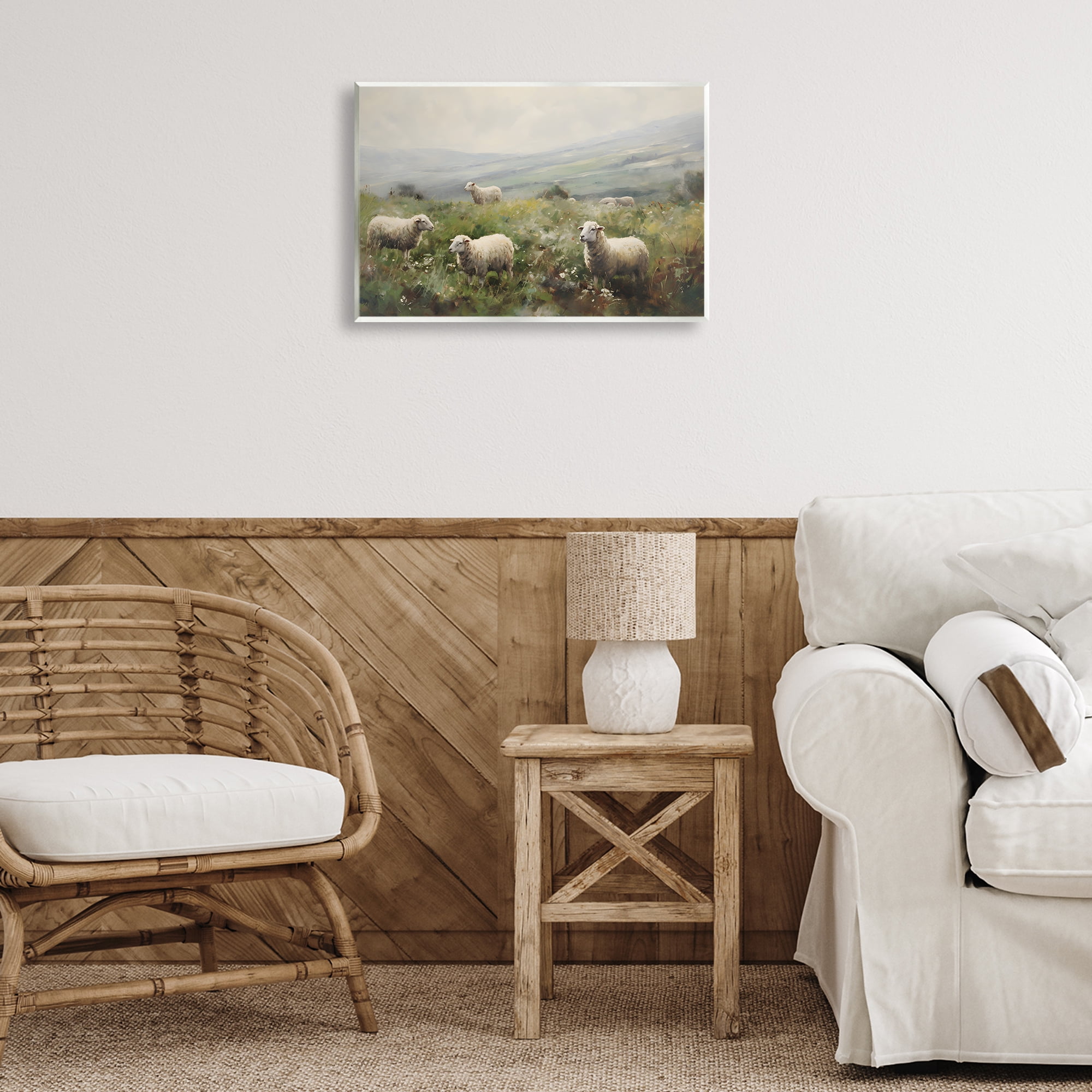 Stupell Industries Misty Sheep Pasture Landscape & Nature Painting Unframed Art Print Wall Art, 19 x 13