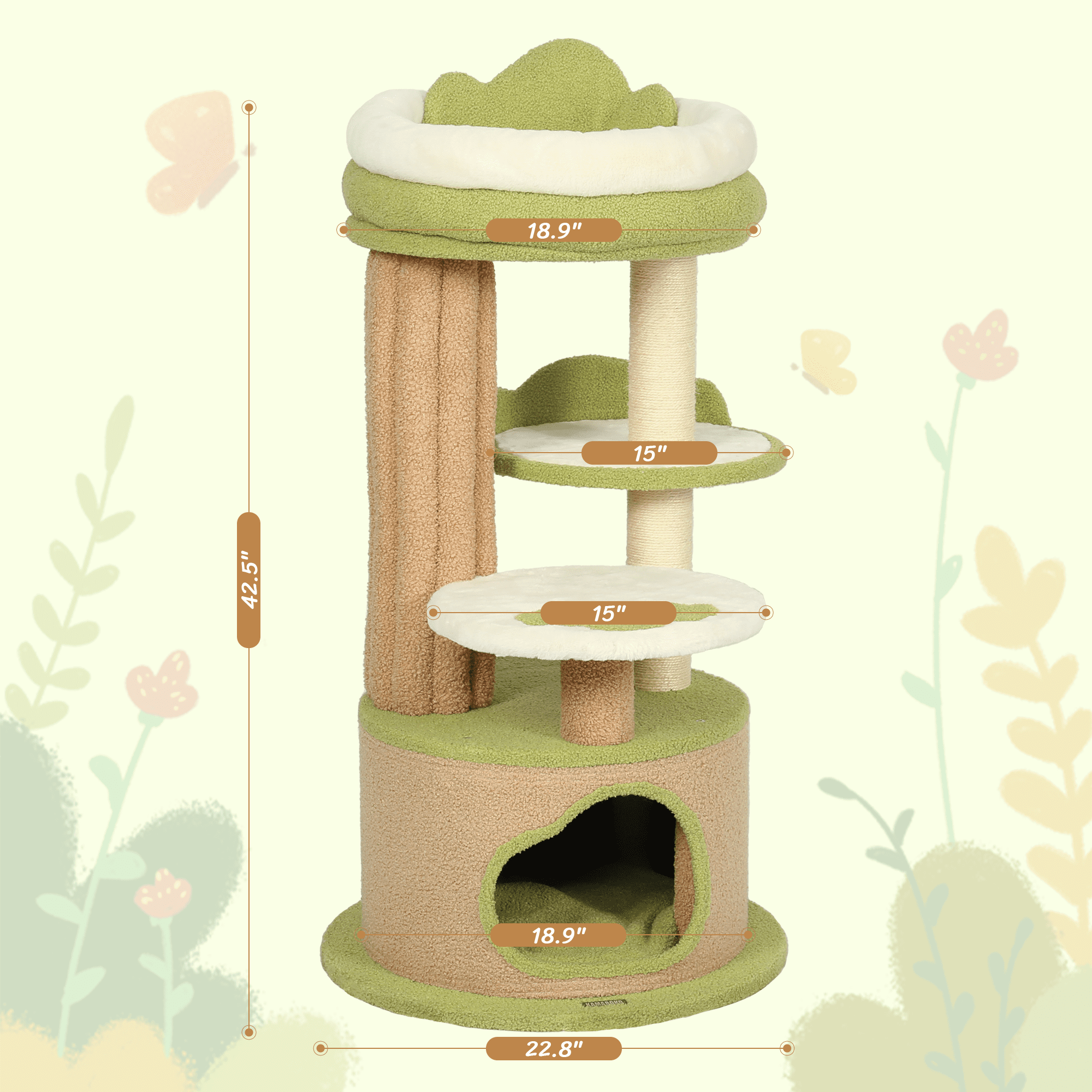 LHBCraft 42.5" Green Cat Tree with Aesthetic,Teddy Fleece, Velcro Cat Condo, Unique Cat Furniture for Small Space