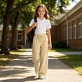 thumbnail image 6 of Girls Solid Wide Leg Sweatpants, Elastic Drawstring High Waist Loose Long Casual Trousers with Side Pockets, Soft Knit Pants for Big Kids School Daily Wear(Khaki,13-14 Years), 6 of 6
