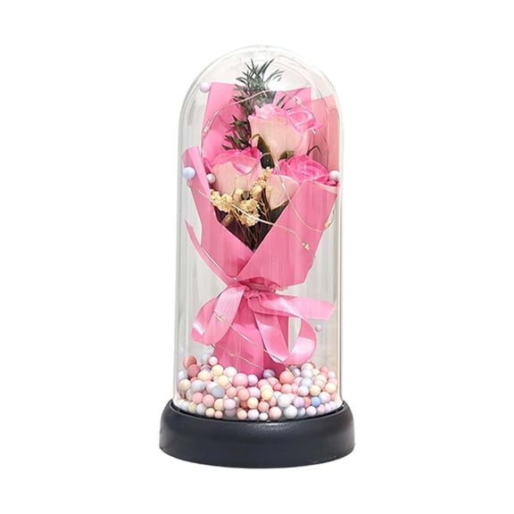 HKYSANG Preserved Flowers Gifts for Her,Preserved Rose Bouquet in Glass Dome,Forever Flowers Fresh Bouquet Present for Women Mothers Day Birthday Gifts for Mom Wife Grandma,Pink Real Rose