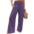 thumbnail image 3 of Pantalones de pierna ancha para mujer, elásticos, de cintura alta, color puro, informales, para citas diarias, playa, color morado claro L, 3 of 5
