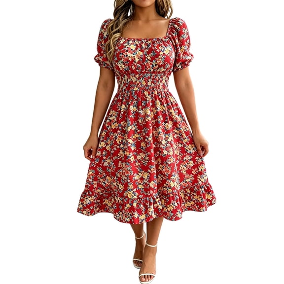 VBVC Women's Smocked Square Neck Floral Midi Dress , Ladies' Short Puff Sleeve A-Line Dress , Summer Ruffle Hem Swing Dress For Women, S-5XL