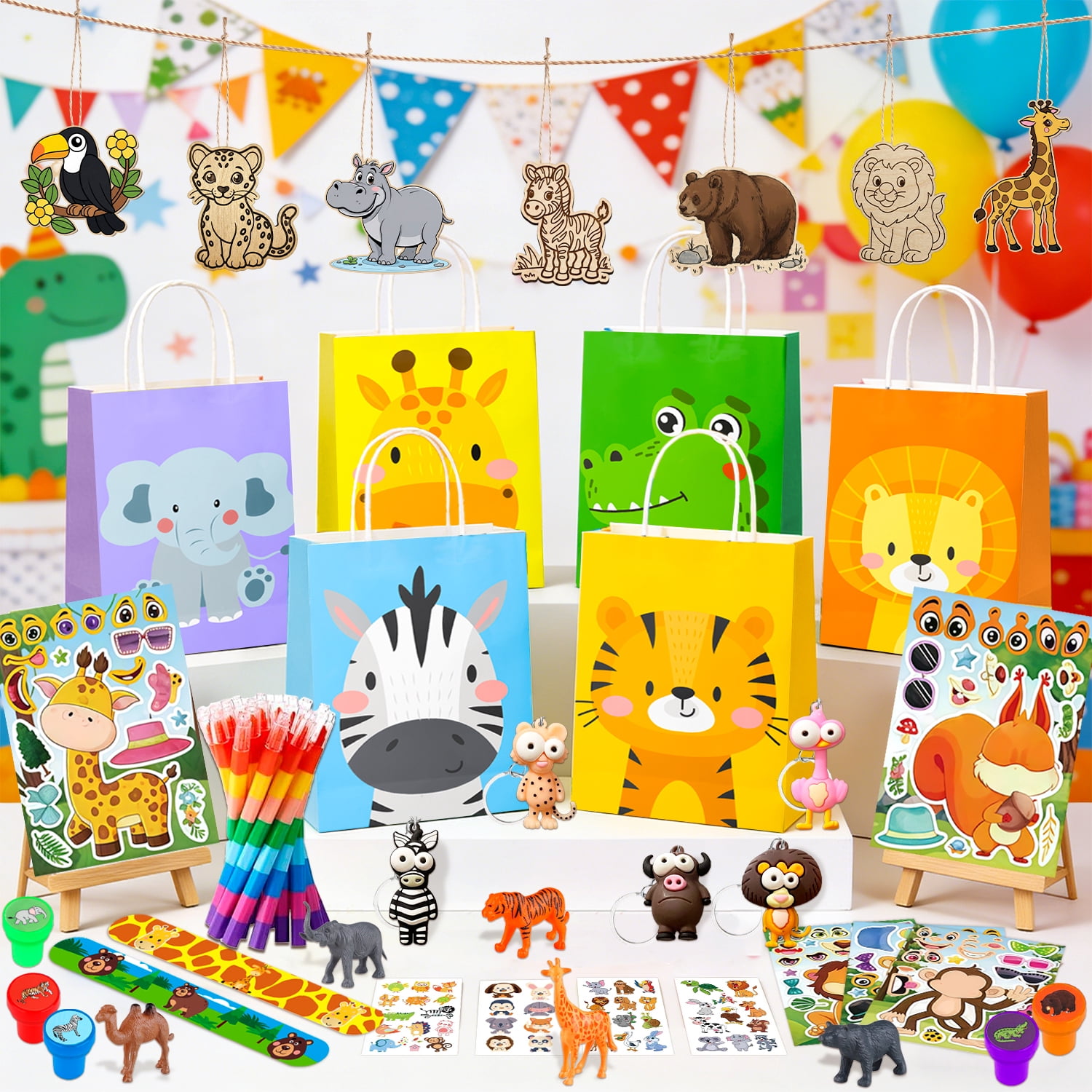 108Pcs Animals Party Favors,  Animals Birthday Favors Set- Animals Goodie Bags Key Chains Stickers Diy Wooden Ornaments etc Animals Party Supplies for Animals Birthday Decorations