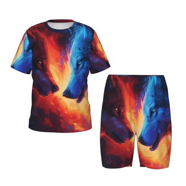Balery Wolf Conjunto de Pijama Infantil de Manga Corta con Estampado – Ropa de Dormir de Algodón Suave-Small