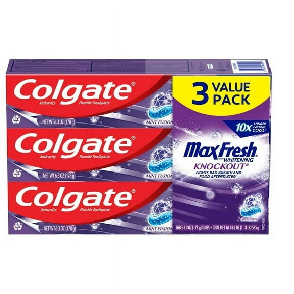 Colgate MaxFresh KnockOut Whitening Toothpaste with Mini Breath Strips, Mint Fusion, 6 Oz, 3 Ct - 2 Pack