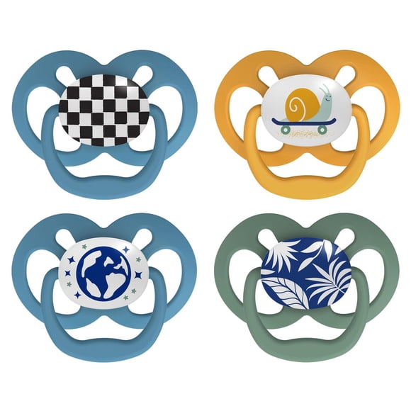 Dr. Brown's Advantage Glow-in-the-Dark Pacifiers Checkered Skateboard Snail Blue 6-18M, 4 pack